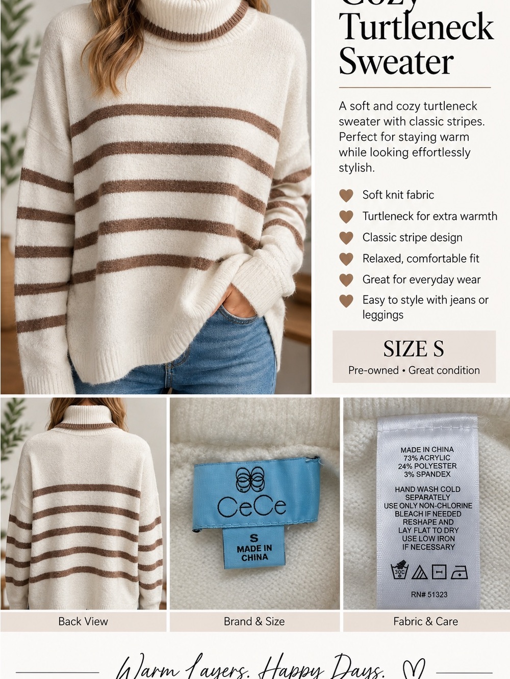 CeCe Cream Sweater with Brown Stripes Turtleneck